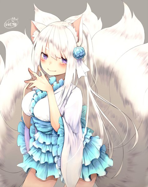 Anime picture 1585x2000 with original chita (ketchup) single long hair tall image looking at viewer blush fringe breasts simple background smile large breasts purple eyes signed white hair tail hair flower grey background wide sleeves facial mark