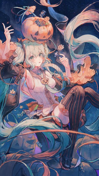 Anime picture 2160x3840 with vocaloid hatsune miku maccha (mochancc) single tall image fringe highres breasts hair between eyes twintails very long hair aqua eyes aqua hair sideboob halloween girl thighhighs detached sleeves food sweets