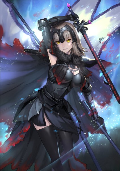 Anime picture 707x1000 with fate (series) fate/grand order jeanne d'arc (fate) (all) jeanne d'arc alter (fate) maekawa yuichi single long hair tall image fringe breasts smile hair between eyes standing holding yellow eyes looking away silver hair parted lips arm up wind