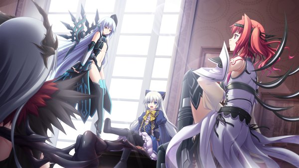 Anime picture 1280x720 with madou koukaku eushully long hair blue eyes red eyes wide image multiple girls yellow eyes game cg white hair red hair horn (horns) girl thighhighs dress black thighhighs detached sleeves wings 4 girls