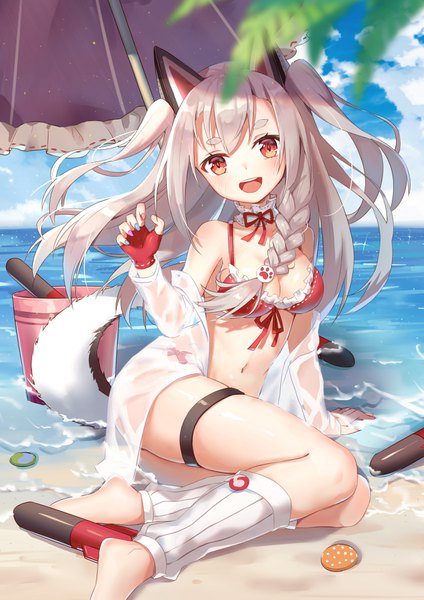 Anime picture 2480x3507 with azur lane yuudachi (azur lane) yuhuan single long hair tall image looking at viewer blush fringe highres breasts open mouth light erotic smile hair between eyes red eyes sitting animal ears sky cleavage