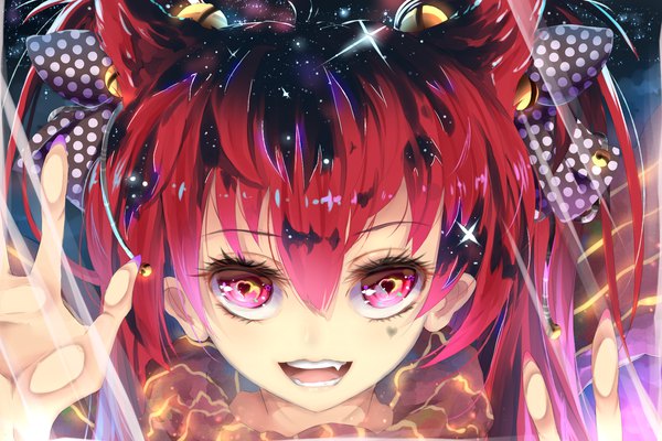 Anime-Bild 1920x1280 mit original blizzomos single long hair looking at viewer fringe highres open mouth hair between eyes twintails animal ears payot ahoge red hair nail polish pink eyes fingernails light smile cat ears teeth