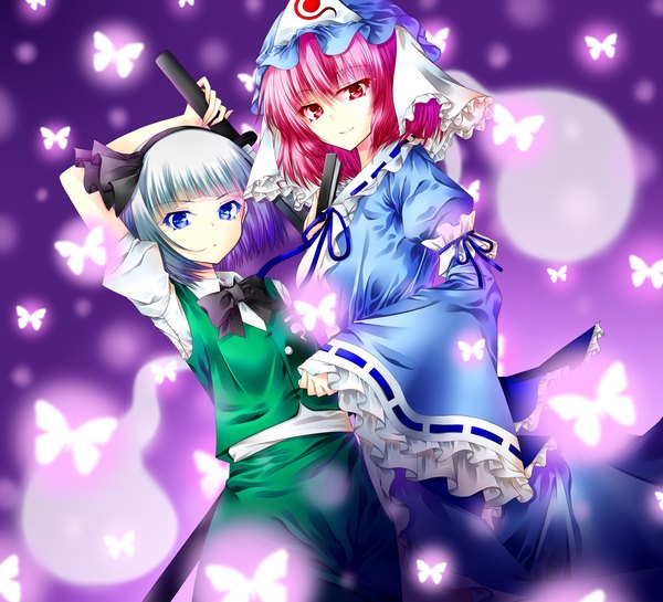 Anime picture 1000x909 with touhou konpaku youmu saigyouji yuyuko myon shisui suzuka looking at viewer short hair blue eyes smile multiple girls pink hair silver hair japanese clothes pink eyes arms behind head serious girl dress hair ornament ribbon (ribbons)