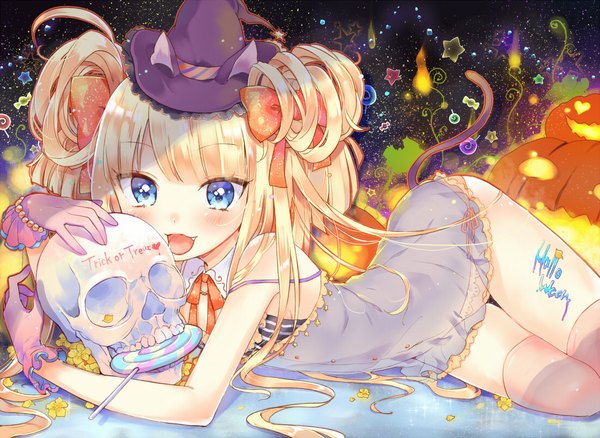 Anime picture 1100x804 with original touyama soboro single long hair looking at viewer blush open mouth blue eyes light erotic blonde hair smile holding animal ears tail lying animal tail cat ears cat tail hair bun (hair buns) on side