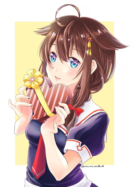 Anime-Bild 1200x1698 mit kantai collection shigure destroyer kino and nene single long hair tall image looking at viewer fringe blue eyes simple background smile hair between eyes brown hair white background signed ahoge braid (braids) parted lips fingernails yellow background