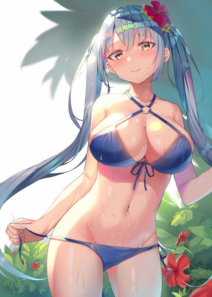 Anime picture 714x1000 with original alexmaster single long hair tall image looking at viewer blush fringe breasts open mouth light erotic hair between eyes large breasts standing twintails yellow eyes blue hair hair flower :o wet