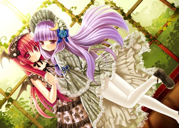 Anime picture 1200x863 with touhou patchouli knowledge koakuma kino (kino konomi) red eyes purple eyes multiple girls purple hair red hair lolita fashion girl dress 2 girls plant (plants) wings blue rose