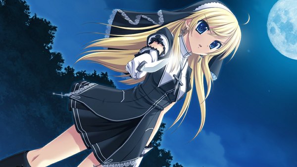Anime picture 1024x576 with shion no ketsuzoku (game) long hair blue eyes blonde hair wide image game cg girl moon knife