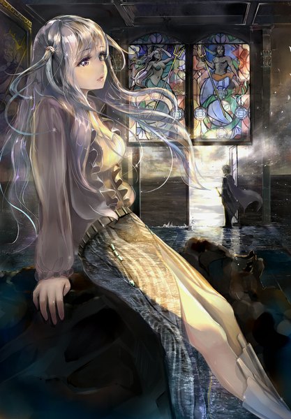 Anime picture 695x1000 with original keepout long hair tall image short hair looking away silver hair grey eyes scenic abstract girl boy skirt weapon sword cape door stained glass