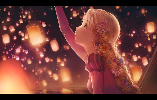 Anime picture 1300x828 with tangled disney rapunzel lium single long hair blush open mouth blonde hair green eyes looking away upper body outdoors braid (braids) very long hair profile arm up hair flower blurry night