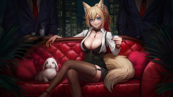 Anime picture 1920x1080 with virtual youtuber indie virtual youtuber nior suzumiya numanoan long hair fringe highres breasts blue eyes light erotic smile hair between eyes wide image large breasts standing sitting holding animal ears cleavage ponytail