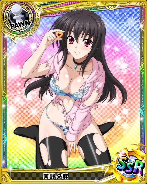 Anime picture 640x800 with highschool dxd raynare (dxd) single long hair tall image looking at viewer blush breasts light erotic black hair smile red eyes torn clothes card (medium) girl thighhighs underwear panties black thighhighs lingerie