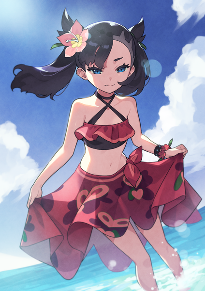 Anime picture 868x1228 with pokemon pokemon (game) pokemon masters ex nintendo marnie (pokemon) kin niku single long hair tall image blue eyes black hair smile twintails sky cloud (clouds) outdoors hair flower partially submerged lens flare official alternate costume