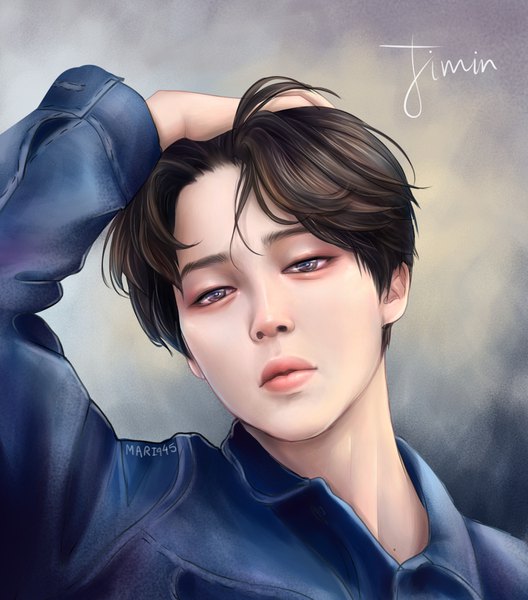 Anime picture 1443x1638 with real life bts jimin mari945 single tall image looking at viewer short hair simple background brown hair signed upper body lips realistic grey background grey eyes character names adjusting hair portrait hand on head