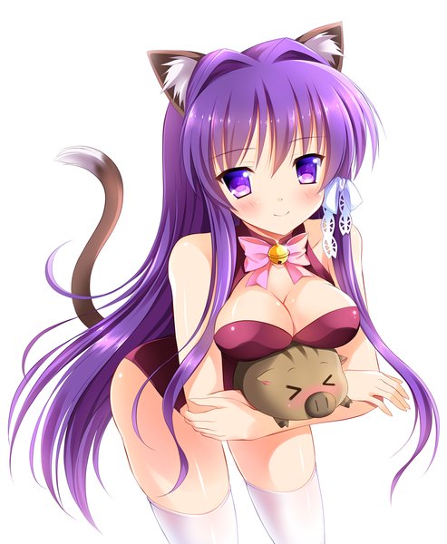 Anime picture 1150x1400 with clannad key (studio) fujibayashi kyou botan bashen chenyue single long hair tall image breasts light erotic white background purple eyes animal ears purple hair tail animal tail cat ears cat girl cat tail girl