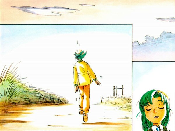 Anime picture 1024x768 with yokohama kaidashi kikou hatsuseno alpha ashinano hitoshi short hair sky eyes closed green hair multiview walking girl hat jacket pants road