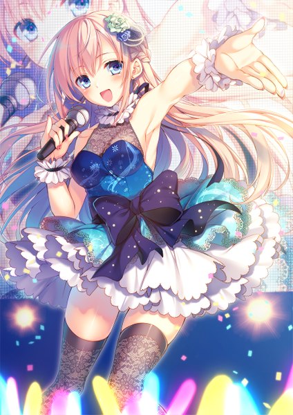 Anime picture 868x1228 with original toosaka asagi single long hair tall image blush open mouth blue eyes blonde hair girl thighhighs dress hair ornament bow black thighhighs microphone