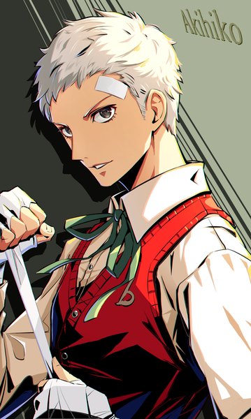 Anime picture 2750x4592 with persona 3 persona 3 reload persona sanada akihiko kumo33 single tall image looking at viewer highres short hair upper body white hair black eyes character names bandaid on face boy shirt white shirt bandage (bandages) vest