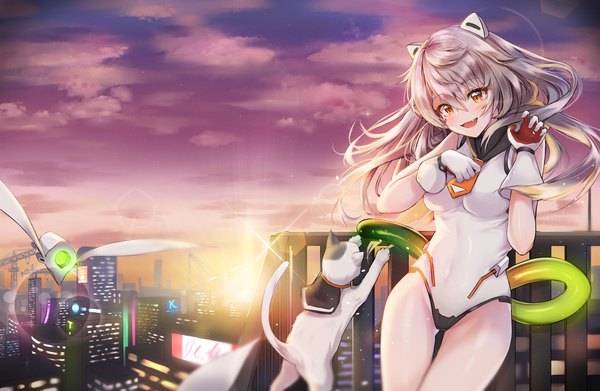 Anime picture 2200x1436 with iron saga cuna (qunya) single long hair blush fringe highres breasts open mouth light erotic hair between eyes brown eyes animal ears looking away sky cloud (clouds) outdoors tail :d animal tail