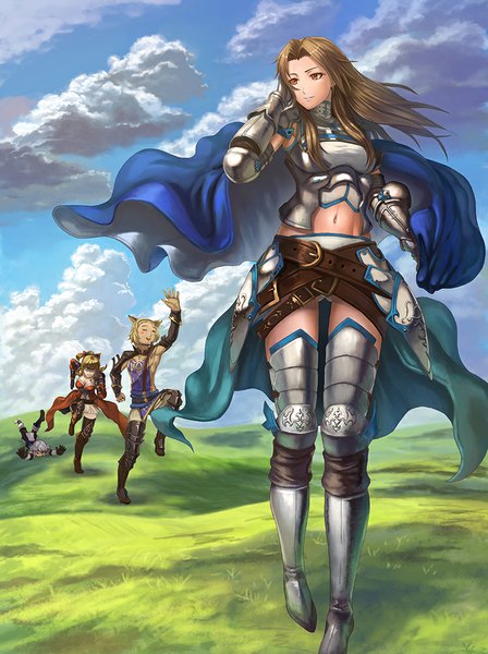 Anime picture 748x1000 with granblue fantasy vira lilie katalina aryze farrah (granblue fantasy) rooain wolfedge (artist) long hair tall image blush fringe short hair breasts open mouth light erotic blonde hair brown hair standing multiple girls looking away sky