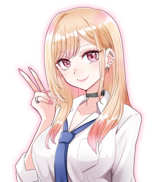 Anime picture 833x950 with sono bisque doll wa koi wo suru cloverworks kitagawa marin 1041 (toshikazu) single long hair tall image looking at viewer simple background blonde hair smile white background upper body nail polish pink eyes fingernails piercing victory ear piercing long fingernails
