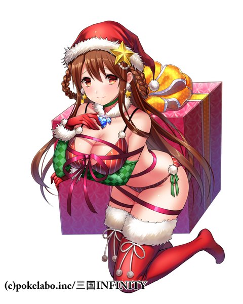 Anime picture 800x1000 with fuji minako single long hair tall image looking at viewer blush fringe breasts light erotic simple background hair between eyes red eyes brown hair white background payot bent knee (knees) braid (braids) fur trim christmas girl