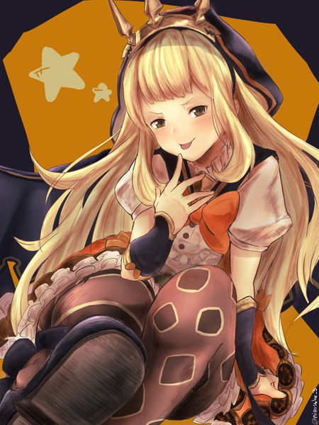 Anime picture 1200x1600 with granblue fantasy cagliostro (granblue fantasy) minosuke 3 single long hair tall image looking at viewer blush fringe blonde hair simple background sitting brown eyes signed payot twitter username finger to mouth :p girl thighhighs