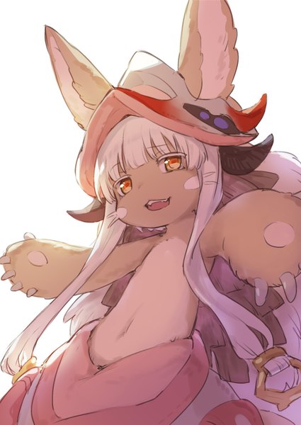 Anime picture 850x1200 with made in abyss kinema citrus nanachi (made in abyss) ame8desu single long hair tall image open mouth simple background white background animal ears white hair :d orange eyes androgynous furry