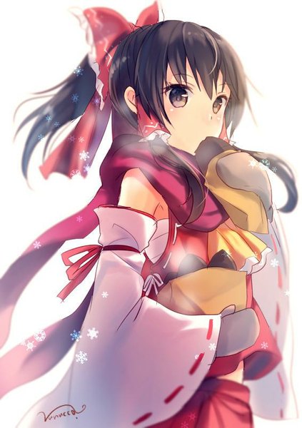 Anime picture 567x803 with touhou hakurei reimu nunucco single long hair tall image blush fringe black hair simple background white background signed looking away ponytail black eyes snowing covered mouth jpeg artifacts girl skirt