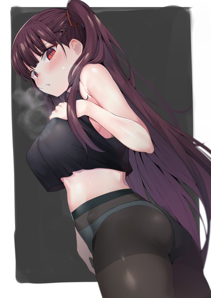Anime picture 800x1131 with girls frontline wa2000 (girls frontline) k pring single long hair tall image looking at viewer blush fringe breasts light erotic simple background red eyes large breasts standing purple hair ass blunt bangs braid (braids) parted lips