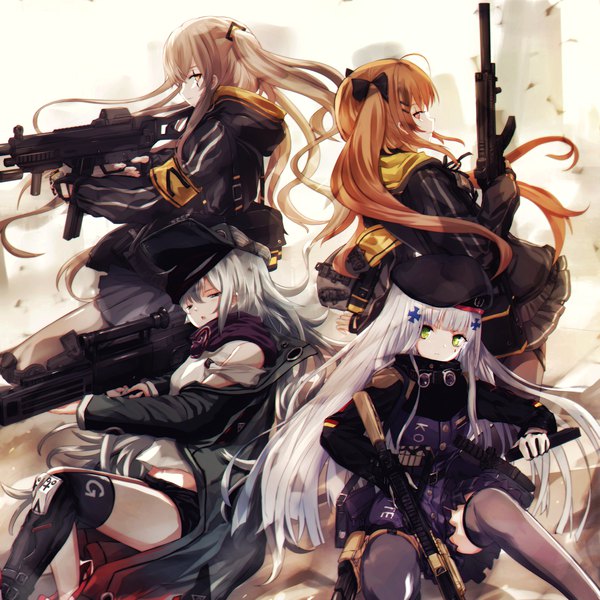 Anime picture 1250x1250 with girls frontline hk416 (girls frontline) ump45 (girls frontline) ump9 (girls frontline) g11 (girls frontline) nekoya (liu) long hair looking at viewer fringe open mouth smile hair between eyes red eyes brown hair twintails multiple girls holding brown eyes green eyes yellow eyes