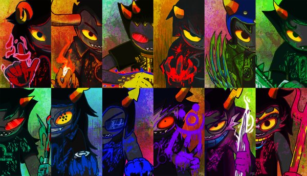 Anime picture 2646x1518 with homestuck karkat vantas gamzee makara sollux captor vriska serket eridan ampora terezi pyrope aradia megido kanaya maryam nepeta leijon tavros nitram feferi peixes equius zahhak highres wide image yellow eyes horn (horns) teeth multiview sharp teeth