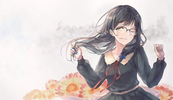 イラスト 1939x1122 と flowers (innocent grey) innocent grey rikka hanabishi kobuta ソロ 長髪 highres 黒髪 wide image 黄色眼 upper body one eye closed sparkle 涙 crying hair in mouth 女の子 制服 花 学生服