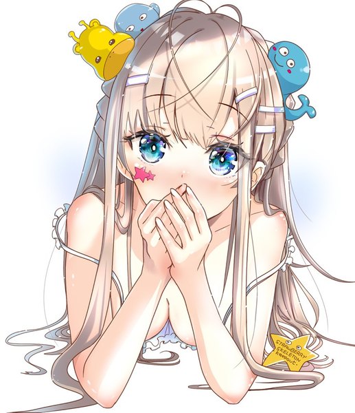 Anime picture 861x1000 with original keepout single long hair tall image looking at viewer blush fringe breasts blue eyes light erotic simple background blonde hair white background signed cleavage lying braid (braids) facial mark strap slip