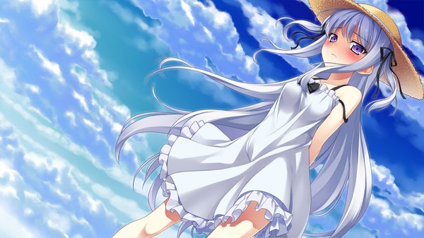 Anime picture 1280x720 with sangoku hime unicorn-a long hair blush wide image purple eyes game cg cloud (clouds) white hair loli girl hat sundress