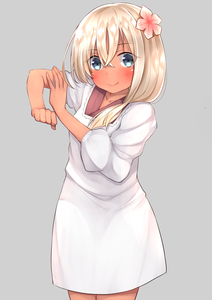 Anime picture 2508x3541 with kantai collection ro-500 submarine go-1 single long hair tall image looking at viewer blush fringe highres blue eyes simple background blonde hair smile hair between eyes hair flower grey background dark skin :> girl
