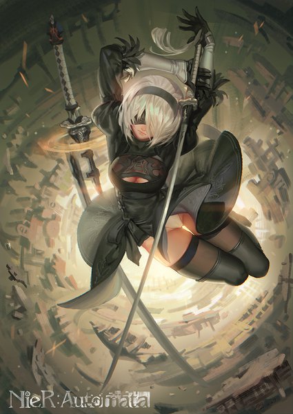 Anime picture 851x1200 with nier nier:automata yorha no. 2 type b alphonse (white datura) single tall image fringe short hair breasts light erotic holding white hair from above lips mole arms up copyright name mole under mouth blindfold girl