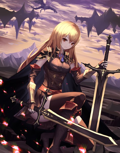 Anime picture 2980x3800 with original cup6542 single long hair tall image looking at viewer fringe highres blonde hair hair between eyes holding brown eyes outdoors high heels squat mountain fantasy dual wielding floating island girl