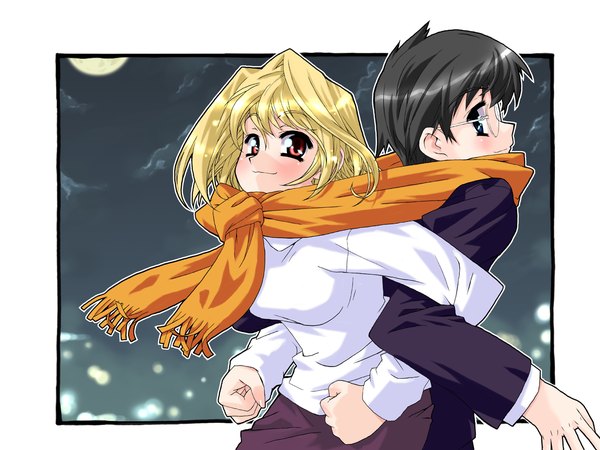 Anime picture 1280x960 with shingetsutan tsukihime type-moon arcueid brunestud tohno shiki vampire shared scarf scarf kyuuketsuki