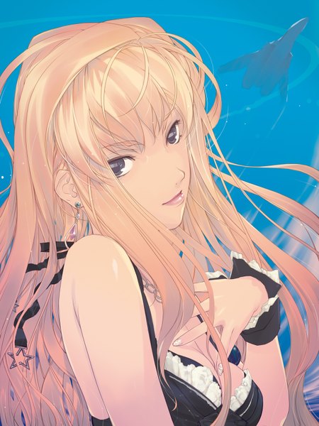 Anime picture 1200x1600 with macross macross frontier sheryl nome aikura chihiro single long hair tall image looking at viewer fringe breasts blonde hair smile bare shoulders sky cleavage upper body nail polish head tilt lips grey eyes