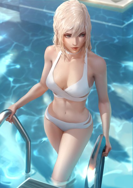 Anime picture 2828x4000 with original tess turner raikoart single long hair tall image fringe highres breasts blue eyes light erotic blonde hair hair between eyes large breasts standing bare shoulders payot looking away cleavage fingernails
