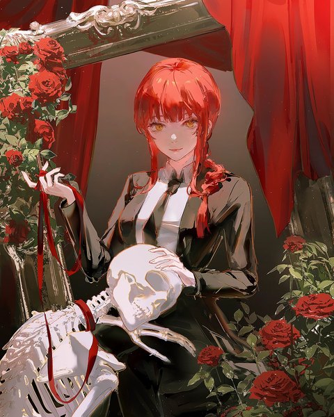 Anime picture 1040x1300 with chainsaw man mappa makima (chainsaw man) keiuu single long hair tall image looking at viewer smile sitting yellow eyes red hair braid (braids) single braid skeleton empty picture frame girl flower (flowers) ribbon (ribbons) shirt