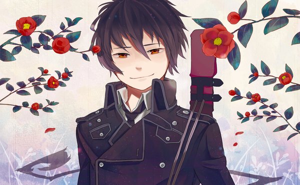 Anime picture 964x595 with ao no exorcist miyama-uguisu tei jiken a-1 pictures yoru (miyama-uguisu tei jiken) sheep sleep single looking at viewer fringe short hair black hair smile hair between eyes red eyes wide image upper body boy flower (flowers) camellia (flower)
