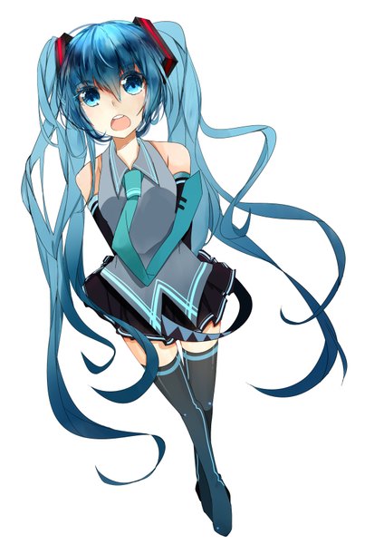 Anime picture 2480x3507 with vocaloid hatsune miku tagme (artist) tall image highres open mouth simple background white background twintails very long hair aqua eyes aqua hair girl thighhighs skirt black thighhighs detached sleeves necktie