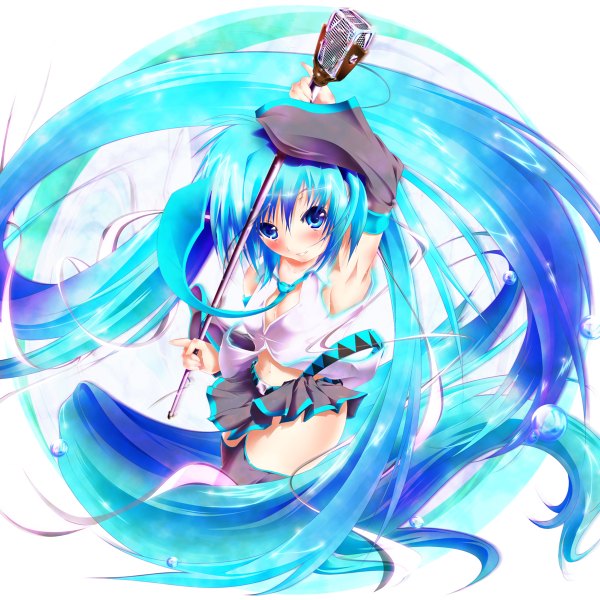 Anime picture 1200x1200 with vocaloid hatsune miku nironiro long hair blush blue eyes light erotic twintails blue hair very long hair girl thighhighs detached sleeves miniskirt necktie microphone microphone stand