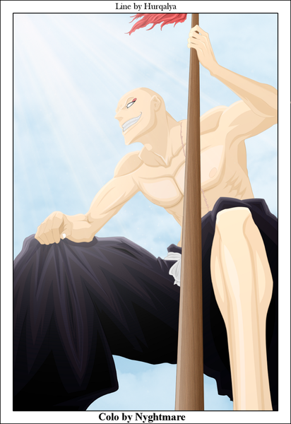Anime picture 1024x1489 with bleach studio pierrot madarame ikkaku dark-nyghtmare single tall image smile sky sunlight grey eyes grin coloring scar muscle framed bald boy weapon staff