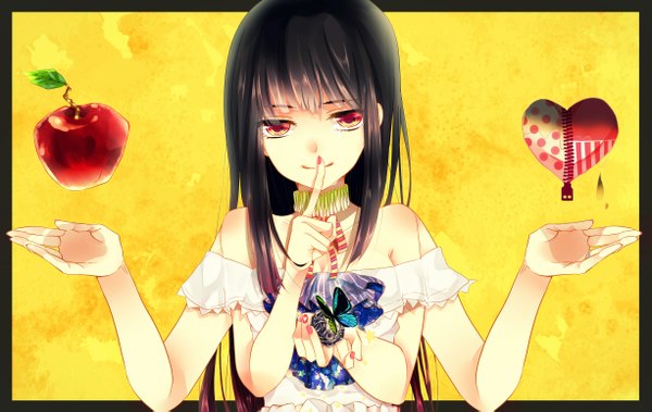 Anime picture 2450x1550 with original togashi (choco-bakama kitchen) single long hair highres black hair red eyes bare shoulders nail polish light smile girl dress heart apple
