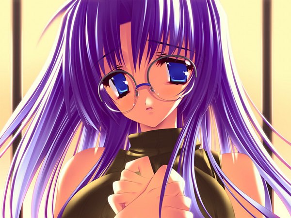 Anime picture 1024x768 with puni puni handmaid nishima yukiko single long hair blue eyes game cg purple hair girl glasses