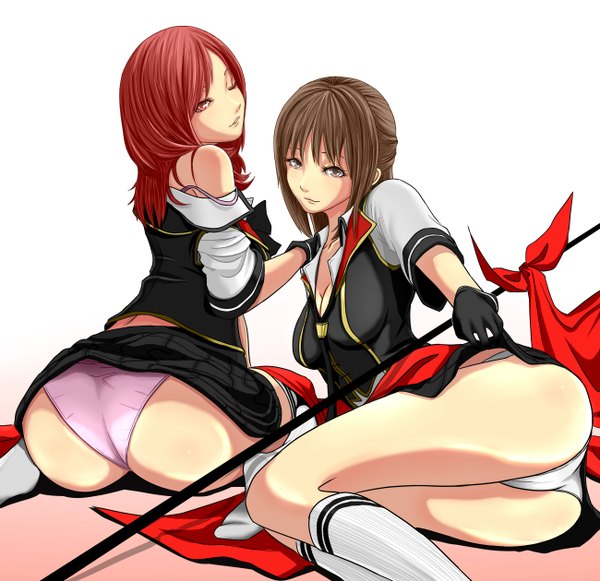 Anime picture 1300x1260 with final fantasy final fantasy type-0 square enix duece (fft-0) rem tokimiya girigiri (artist) looking at viewer short hair light erotic simple background red eyes brown hair white background sitting multiple girls brown eyes ass red hair one eye closed looking back
