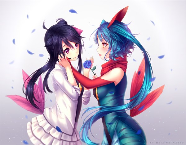 Anime picture 1187x930 with pokemon moemon nintendo sneasel hyanna-natsu long hair blush standing twintails bare shoulders multiple girls blue hair looking away purple hair pink eyes light smile orange eyes embarrassed face to face hand on face